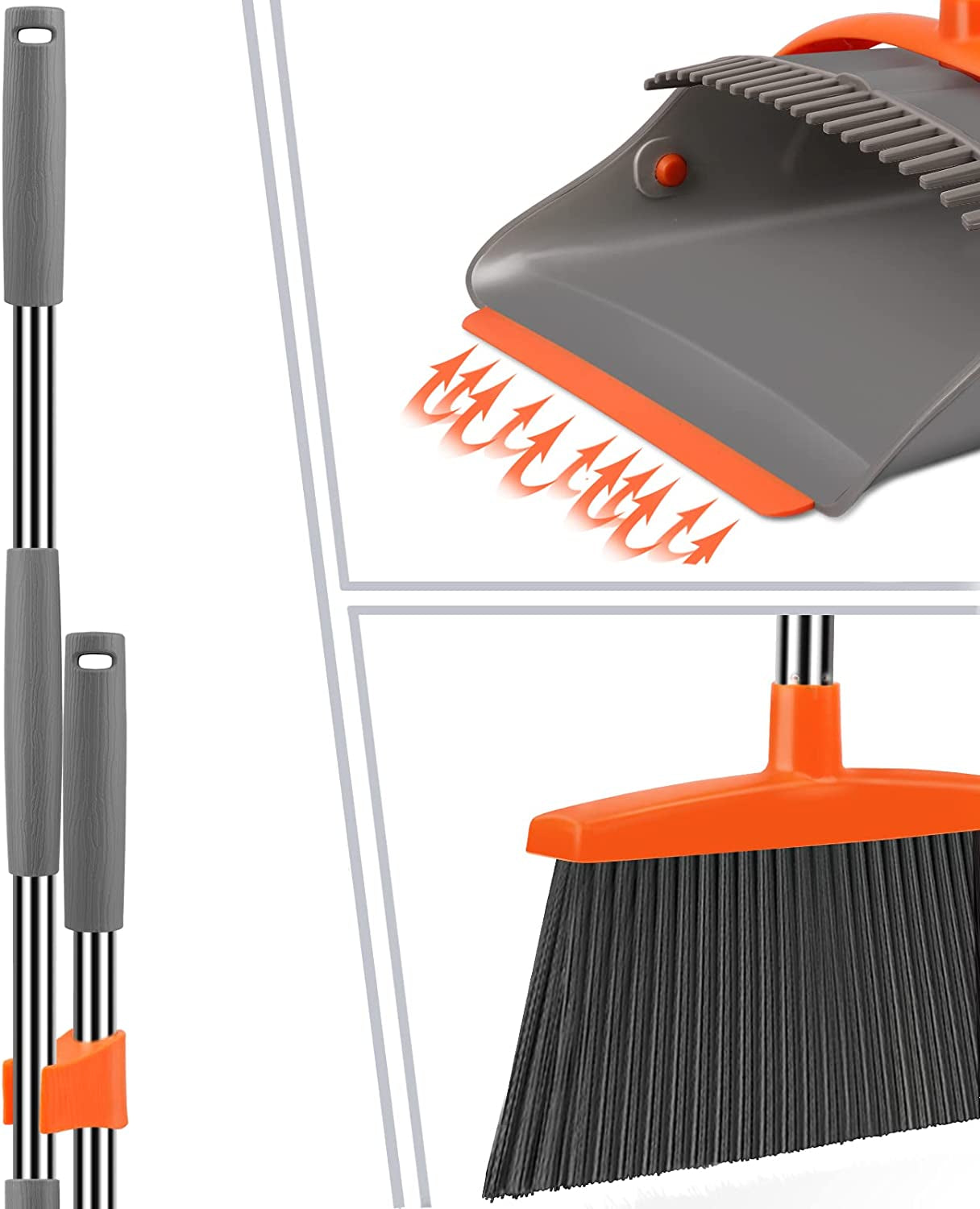 Broom and Dustpan Set for Home, Broom and Dustpan Combo for Office, Long Handle Broom with Upright Standing Dustpan,Indoor&Outdoor Sweeping (Gray&Orange)
