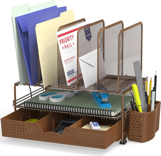 Mesh Desk Organizer with Sliding Drawer, Double Tray and 5 Upright Sections, Brown