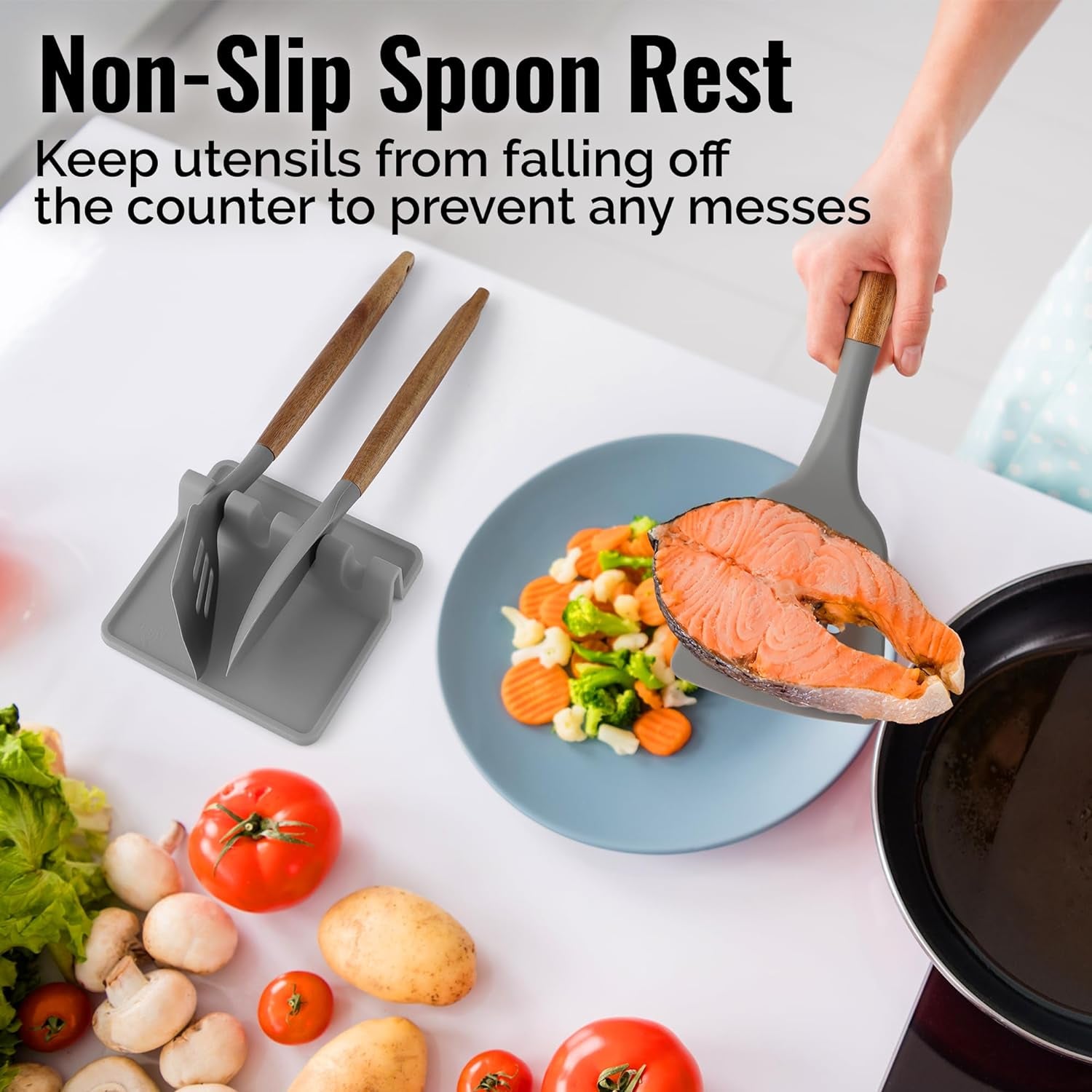 Extra Large Silicone Utensil Rest with Drip Pad for Multiple Utensils - Bpa-Free Heat-Resistant Spoon Rest & Spoon Holder for Stove Top - Kitchen Utensil Holder for Spoon - Gray