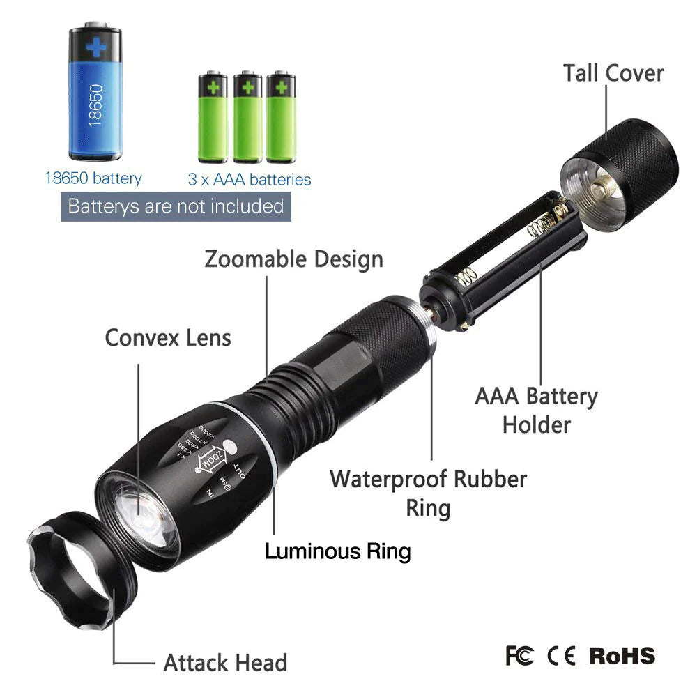 Super-Bright 90000LM LED Tactical Flashlight 5 Modes Zoomable Torch Searchlight