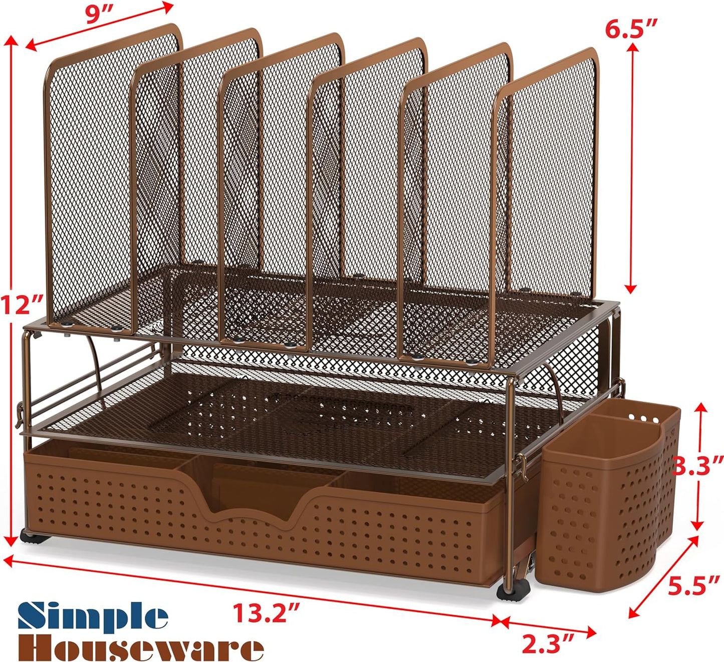 Mesh Desk Organizer with Sliding Drawer, Double Tray and 5 Upright Sections, Brown