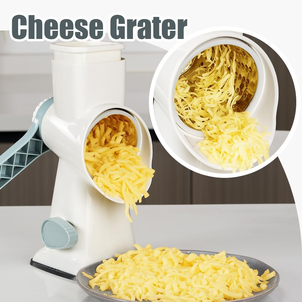 Rotary Cheese Grater with Handle Vegetable Cheese Shredder Slicer Grater for Kitchen 3 Changeable Blades for Cheese Potato Zucchini Nuts Chocolate - Whiteblue