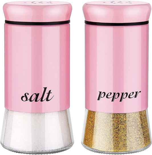 Pink Salt and Pepper Shakers - Pink Kitchen Accessories Decor- 5 Oz Glass Salt and Pepper Set for Cooking Table, RV, BBQ, Easy to Clean & Refill