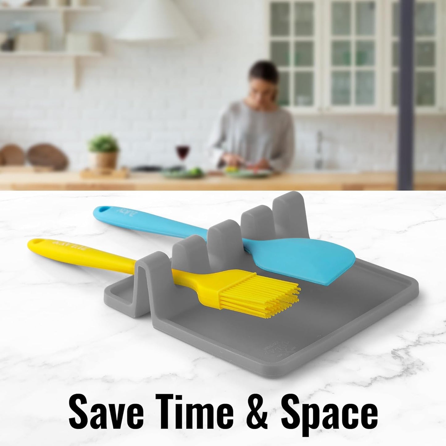 Extra Large Silicone Utensil Rest with Drip Pad for Multiple Utensils - Bpa-Free Heat-Resistant Spoon Rest & Spoon Holder for Stove Top - Kitchen Utensil Holder for Spoon - Gray