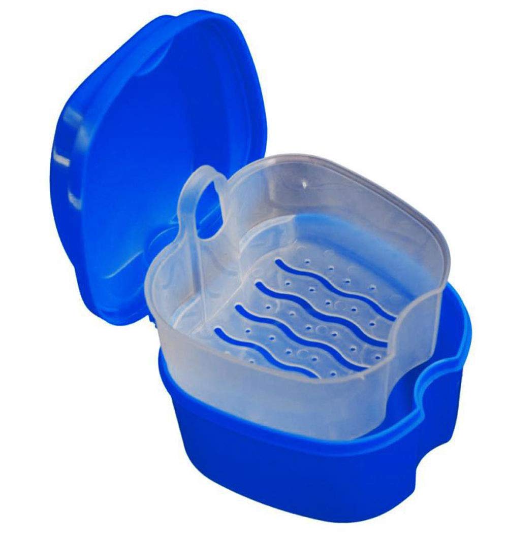 2 Pack Colors Denture Bath Case Cup Box Holder Storage Soak Container with Strainer Basket for Travel Cleaning (Light Blue and Blue)