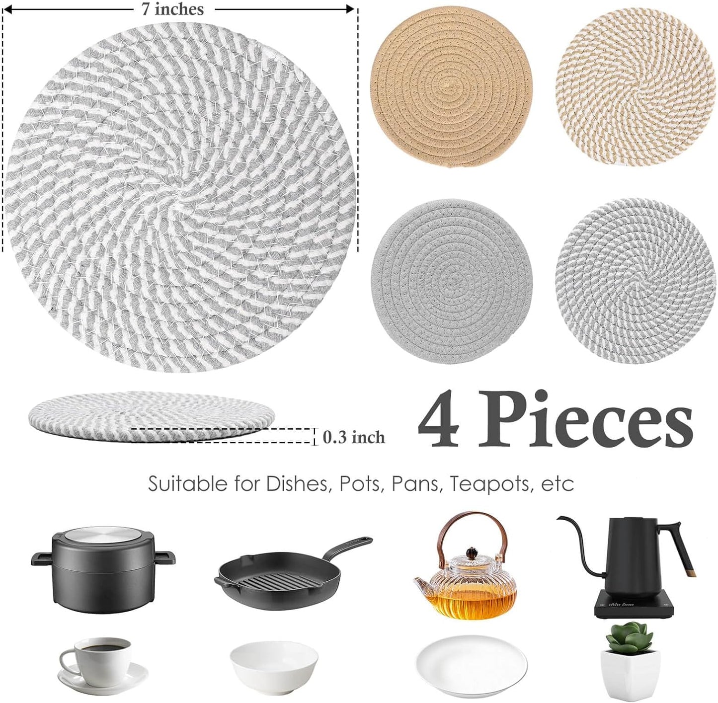 7" Trivets for Hot Dishes, Hot Pots and Pans, 4 Heat Resistant Hot Pads, Pot Holders for Kitchen, Hot Plate Mats for Kitchen Decor and Essentials(Gray&Brown)