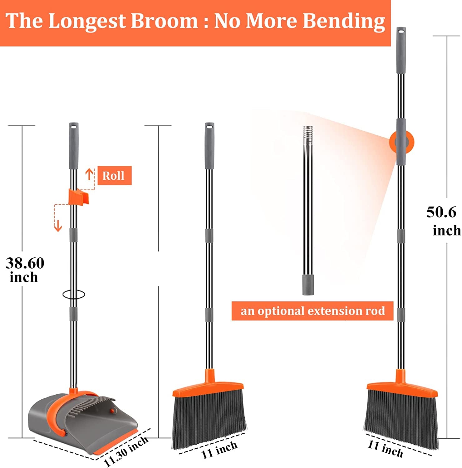 Broom and Dustpan Set for Home, Broom and Dustpan Combo for Office, Long Handle Broom with Upright Standing Dustpan,Indoor&Outdoor Sweeping (Gray&Orange)