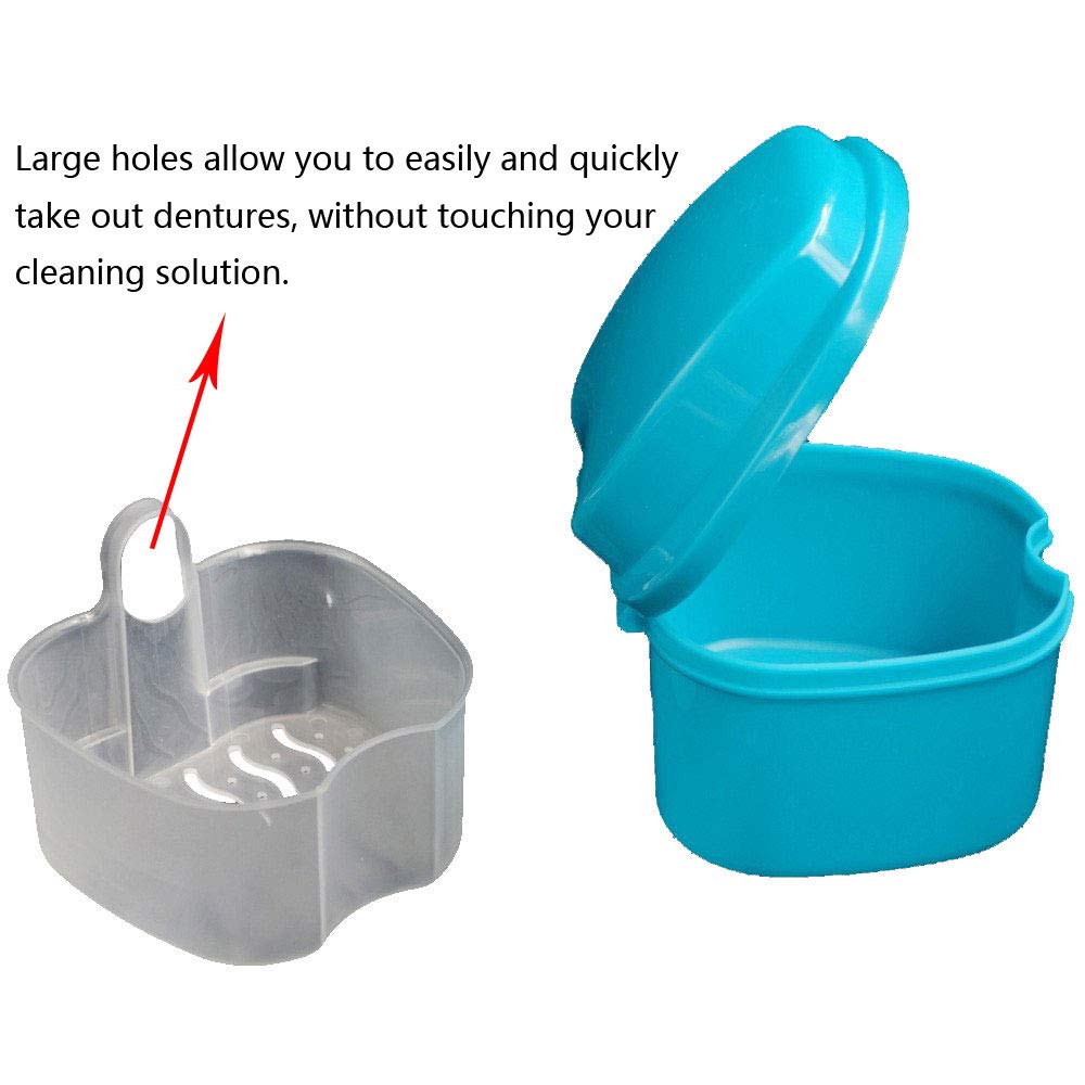 2 Pack Colors Denture Bath Case Cup Box Holder Storage Soak Container with Strainer Basket for Travel Cleaning (Light Blue and Blue)
