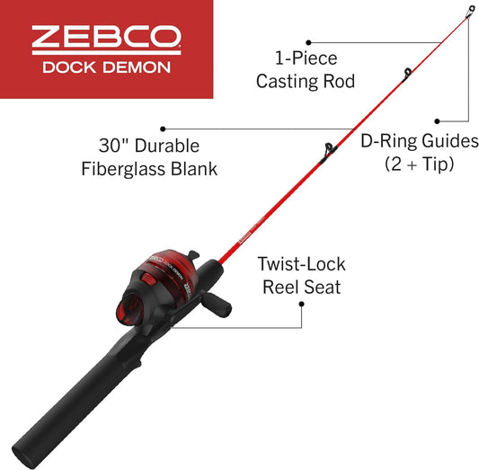 Dock Demon Spinning Reel or Spincast Reel and Fishing Rod Combo, 30-Inch Durable Fiberglass Rod, Quickset Anti-Reverse Fishing Reel