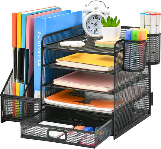 Desk Organizer with File Holder, 5-Tier Paper Letter Tray Organizer with Drawer and 2 Pen Holder, Mesh Desktop Organizer and Storage with Magazine Holder for Office Supplies(Black)