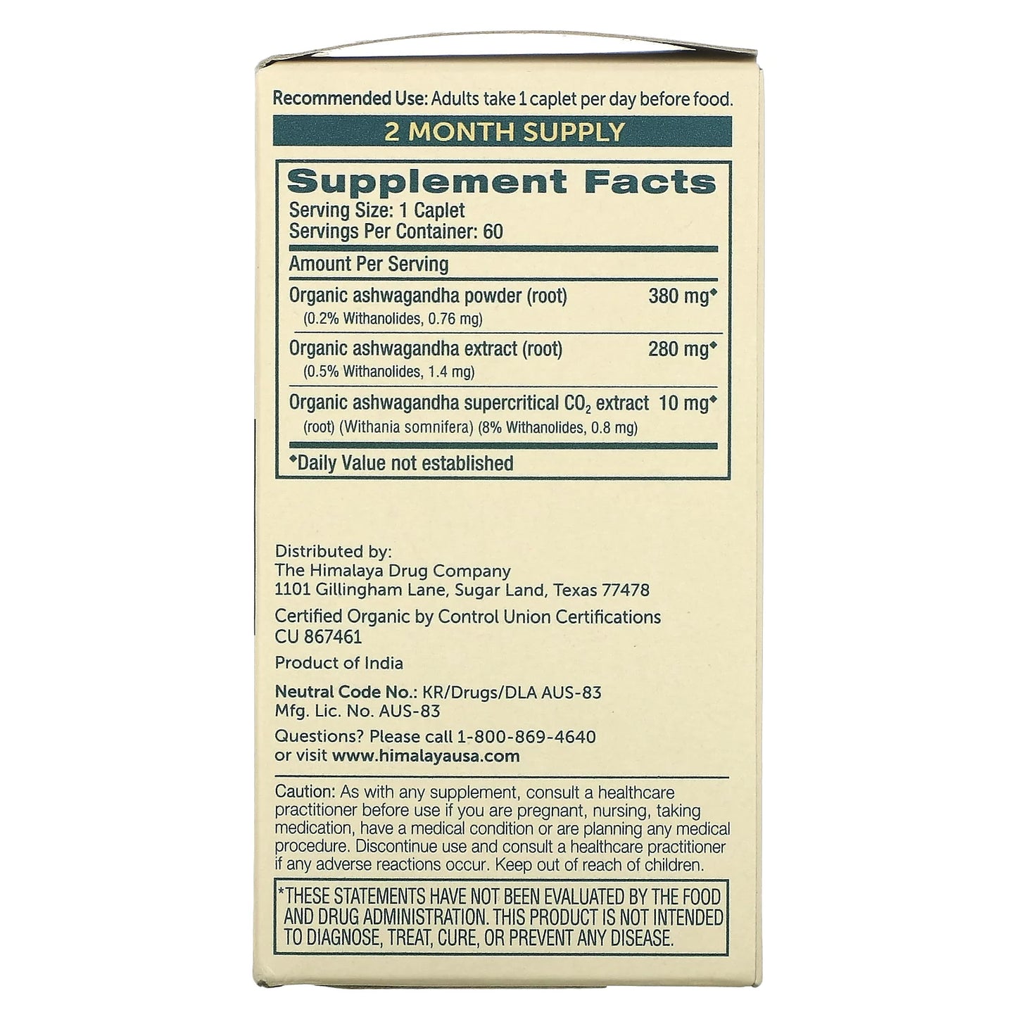Organic Ashwagandha, Supplement for Stress Relief, Non-Gmo, Vegan, Gluten Free, 60 Caplets