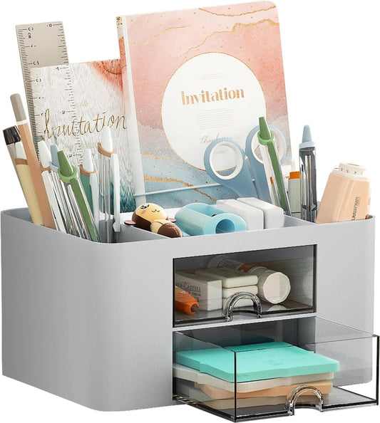 Pen Organizer with 2 Drawer, Multi-Functional Pencil Holder for Desk, Desk Organizers and Accessories with 5 Compartments + Drawer for Office Art Supplies (Grey)