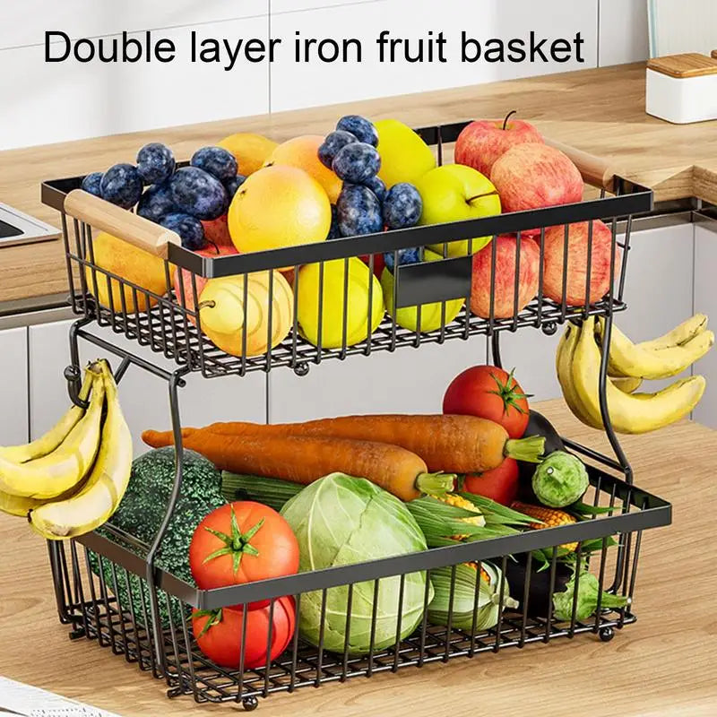 2 Tier Countertop Fruit Vegetable Storage Basket Organizer Metal Wire Storage Basket with 2 Hangers for Vegetable Storage Rack