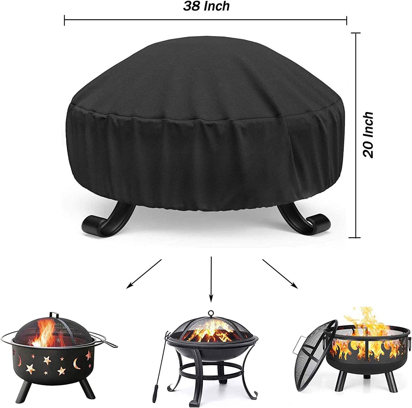 Fire Pit Cover Heavy Duty Waterproof round Fire Pit Bowl Cover with Thick PVC Coating Drawstring, 38 Inch, Black