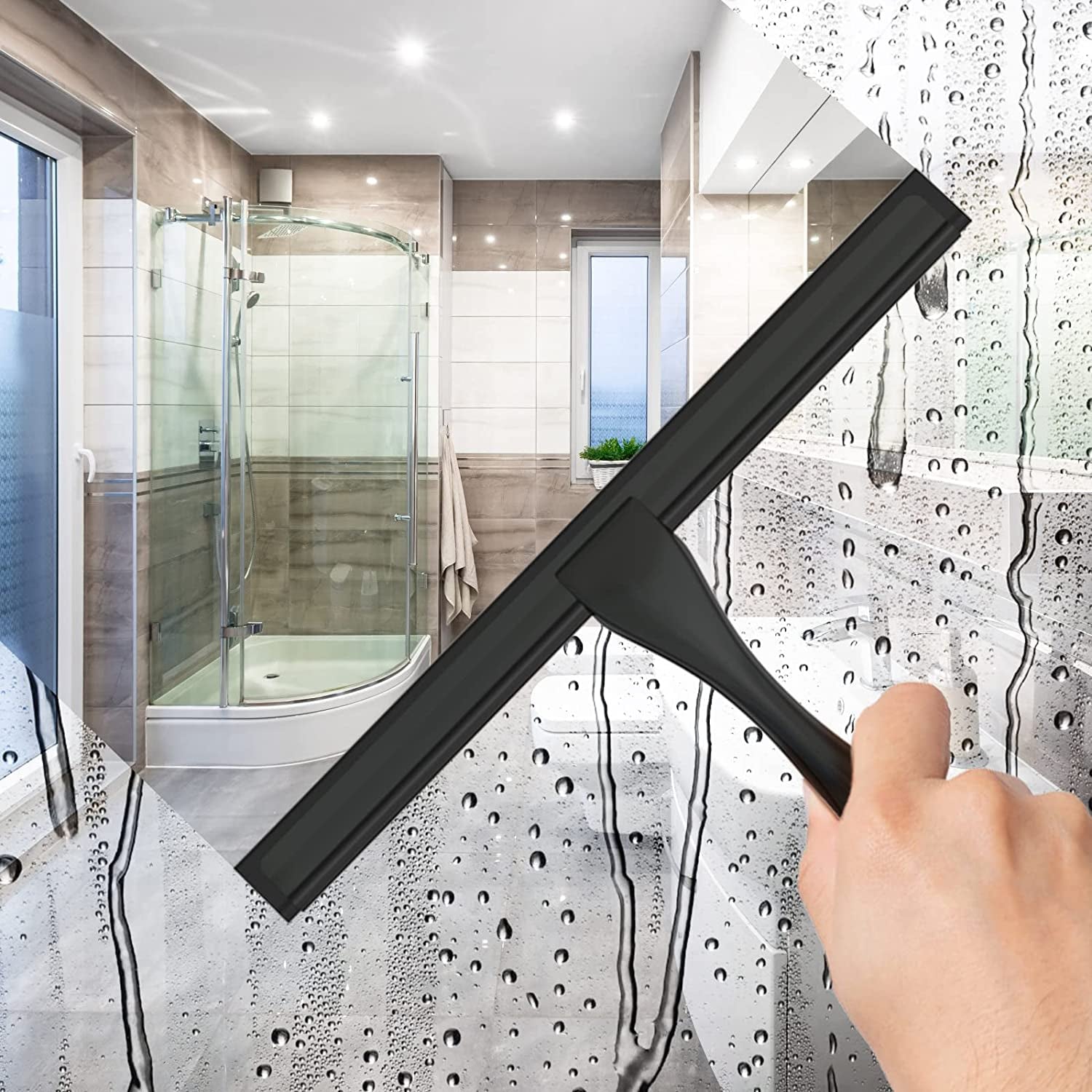 All-Purpose Stainless Steel Shower Squeegee for Shower Doors with 2 Adhesive Hooks, Bathroom Cleaner Tool Household Window Mirror Squeegee for Home Cleaning, Glass Door, Tile Wall, Car, 12 Inch Black