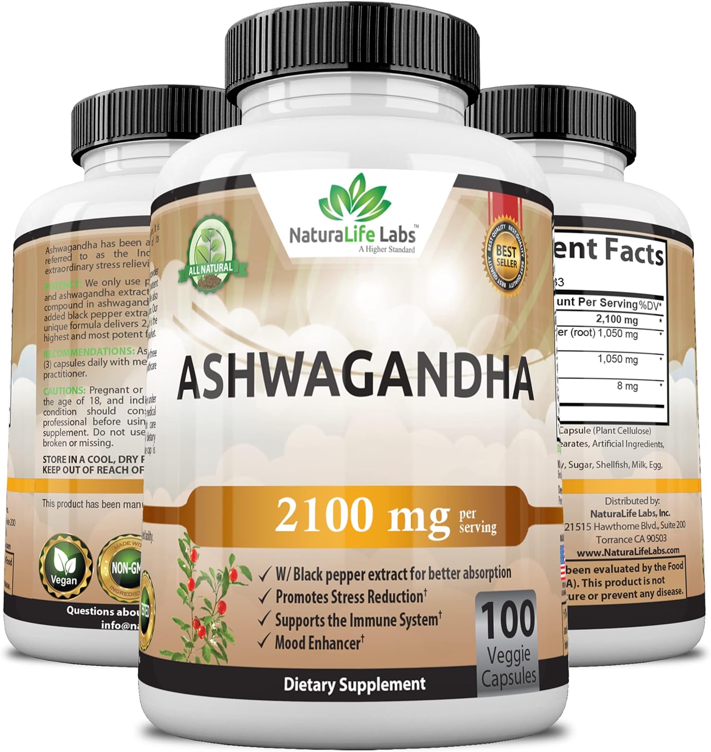 Organic Ashwagandha 2,100 Mg - 100 Vegan Capsules Pure Organic Ashwagandha Powder and Root Extract - Stress Relief, Mood Enhancer