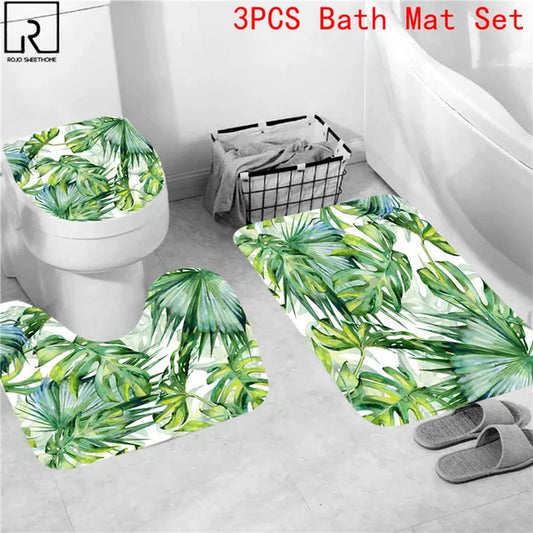 Green Tropical Plants Leaves Printed Shower Curtain Set with Non-Slip Toilet Lid Cover Mat Waterproof Bathing Screen Home Decor