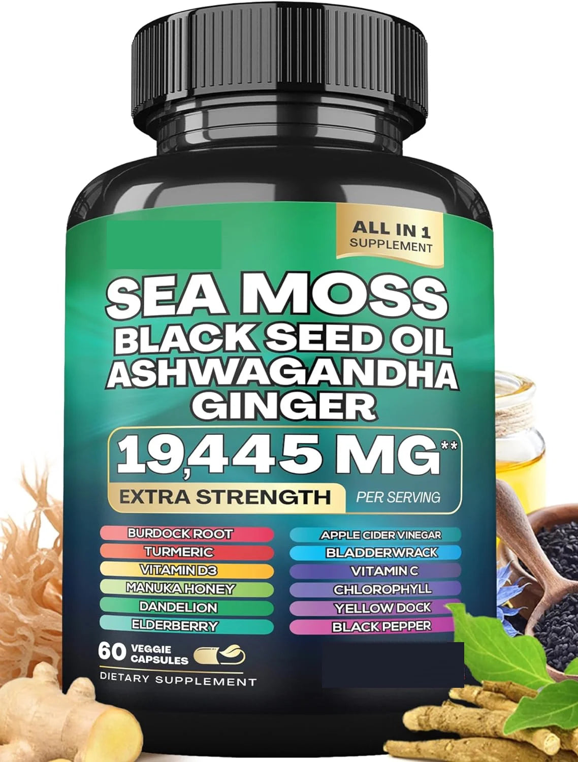 Sea Moss Capsules 16-In-1 19, 445 MG (60 Caps) and Shilajit 8-In-1 15, 250 MG (60 Caps) Dynamic Vitality Natural Bundle, Ashwagandha, Turmeric, Bladderwrack, Ginseng, Rhodiola Rosea, 24 Ingredients