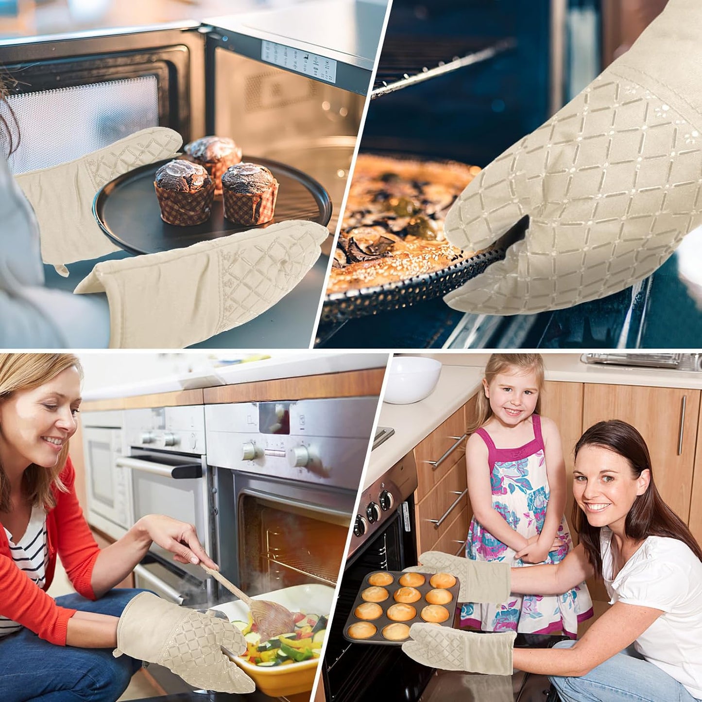 2 Pcs Oven Mitts Heat Resistant for Kitchen, Kitchen Oven Gloves, Long Oven Mitts and Pot Holder with Non-Slip Silicone Stripe and Soft Cotton Lining, Silicone Oven Mitts for Cooking Baking BBQ Khaki