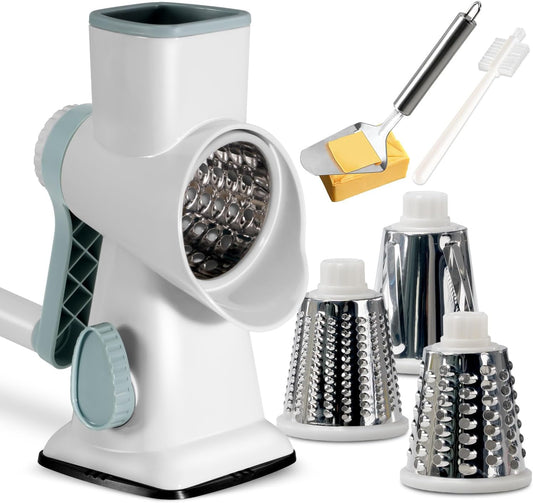Rotary Cheese Grater with Handle Vegetable Cheese Shredder Slicer Grater for Kitchen 3 Changeable Blades for Cheese Potato Zucchini Nuts Chocolate - Whiteblue